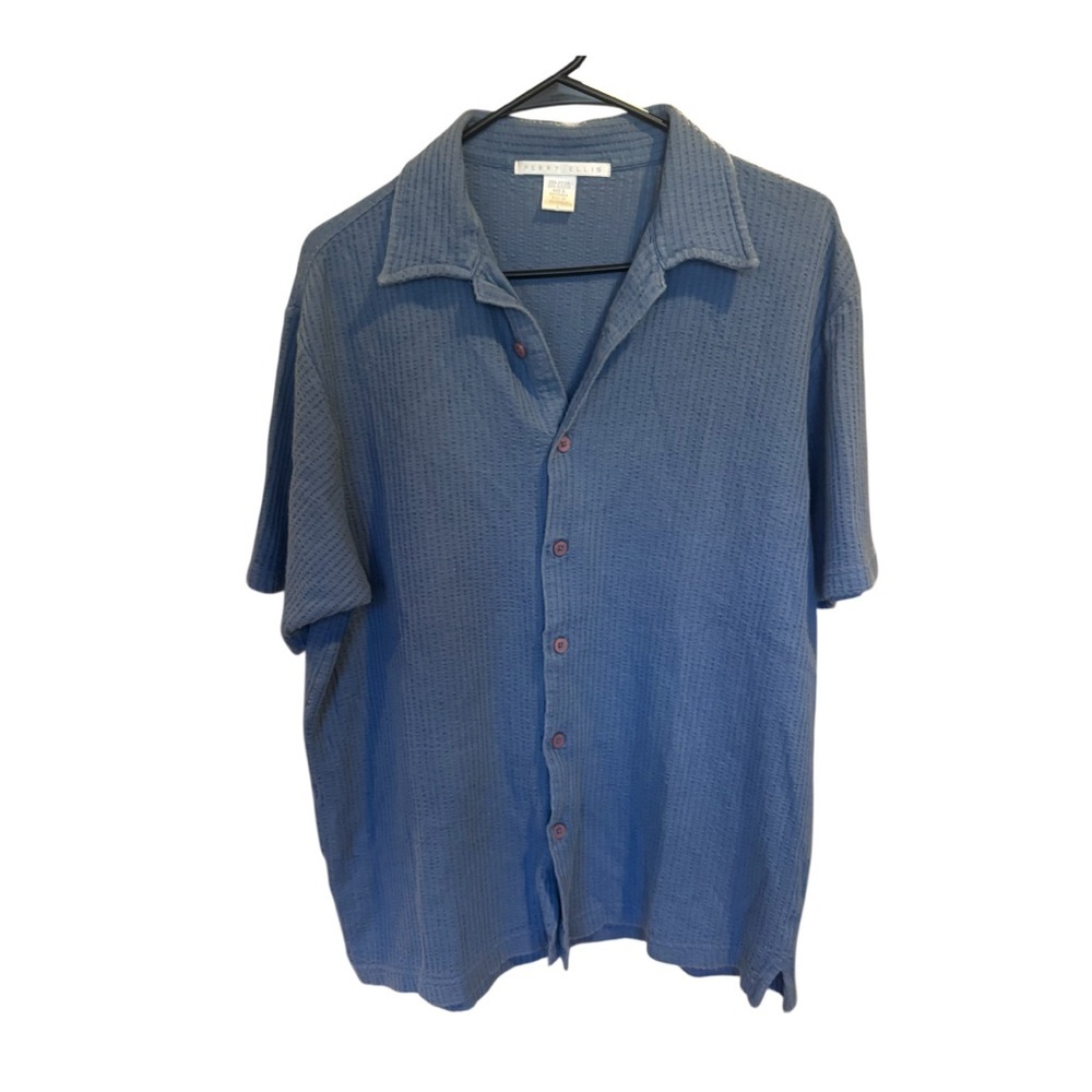 Perry Ellis Casual Blue Cotton Button Down Shirt Size Large